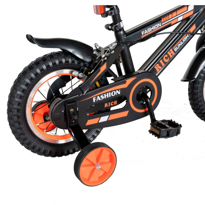 Bicicleta baieti Rich Baby T1202C, roata 12", C-Brake, roti ajutatoare, 2-4 ani, negru/portocaliu [2]