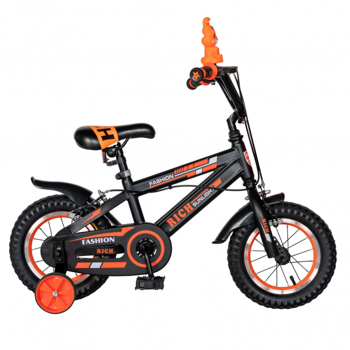 Bicicleta baieti Rich Baby T1202C, roata 12", C-Brake, roti ajutatoare, 2-4 ani, negru/portocaliu [1]
