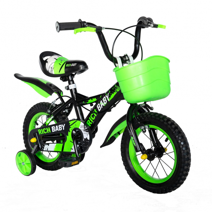 Bicicleta baieti Rich Baby T1204C, roata 12", C-Brake,  roti ajutatoare, 2-4 ani, negru/verde [2]