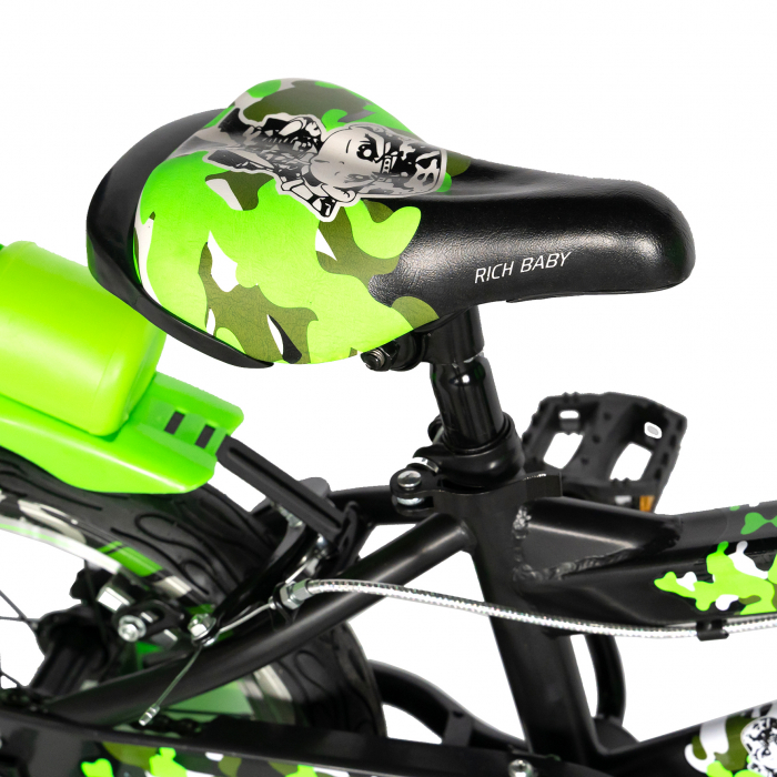 Bicicleta baieti Rich Bike 5-7 Ani, Roti 18 Inch, Frane C-Brake, Roti Ajutatoare cu LED, Rich Baby CSR18/WTA, Cadru Negru cu Design Verde [4]