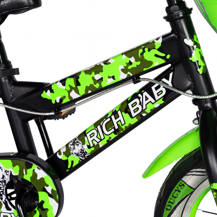 Bicicleta baieti Rich Bike 5-7 Ani, Roti 18 Inch, Frane C-Brake, Roti Ajutatoare cu LED, Rich Baby CSR18/WTA, Cadru Negru cu Design Verde [7]