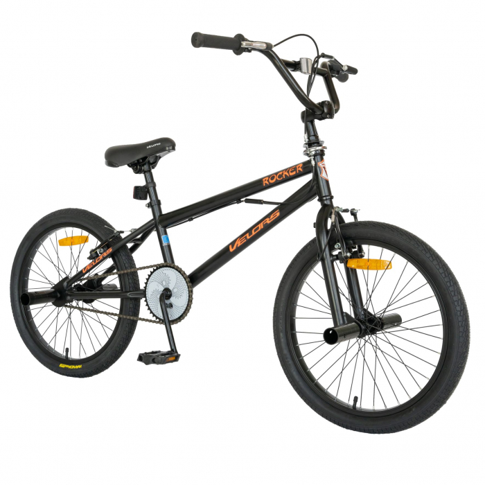 Bicicleta BMX Velors, Roti 20 Inch, Frane V-Brake, Velors Rocker CSV20/16A, Cadru Negru cu Design Portocaliu [2]