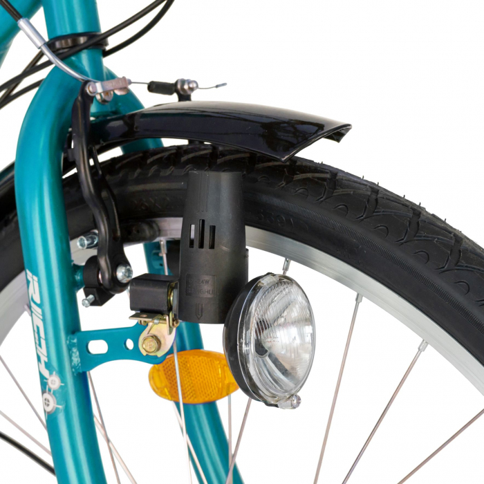 Bicicleta City Rich, Saiguan Revoshift 18 Viteze, Roti 26 Inch, Frane V-Brake Fata/Spate, Rich CSR26/32A, Cadru Bleu cu Design Alb  [4]