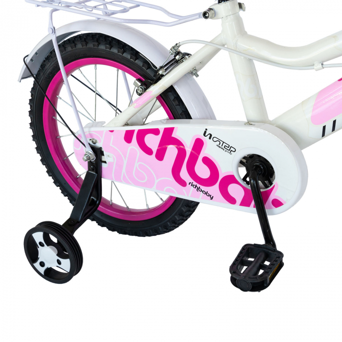 Bicicleta copii 16"  RICH BABY R1602A, culoare alb/roz, roti ajutatoare, varsta 4-6 ani [5]