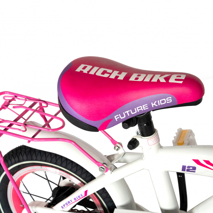 Bicicleta Copii 2-4 ani, Roti 12 Inch, V-Brake, Roti Ajutatoare, Rich Baby CST12/03C, Cadru Alb cu Design Roz [4]