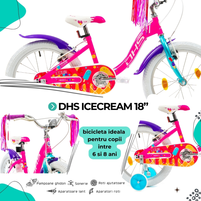 Bicicleta Copii DHS Icecream - 18 Inch, Roz [4]