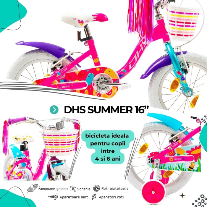 Bicicleta Copii DHS Summer - 16 Inch, Roz/Albastru [4]