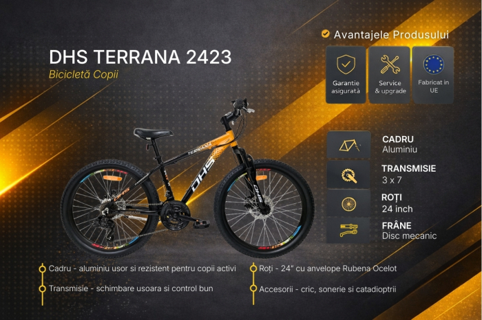 Bicicleta Copii Dhs Terrana 2423, model 2026 - 24 Inch, Portocaliu-Negru [3]