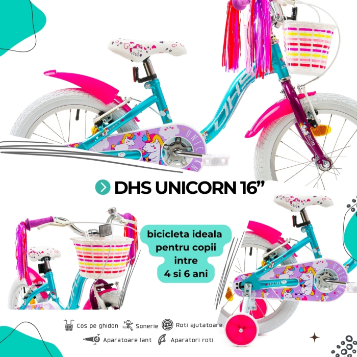 Bicicleta Copii DHS Unicorn - 16 Inch, Albastru/Roz [4]
