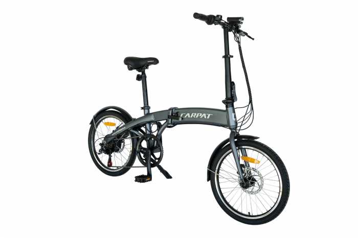 Bicicleta Electrica Carpat (E-BIKE) Pliabila, Echipare Shimano 6 Viteze, Roti 20 Inch, Cadru Aluminiu, Frane Mecanice Disc, Carpat CSC10/05E, Gri cu Design Alb [2]