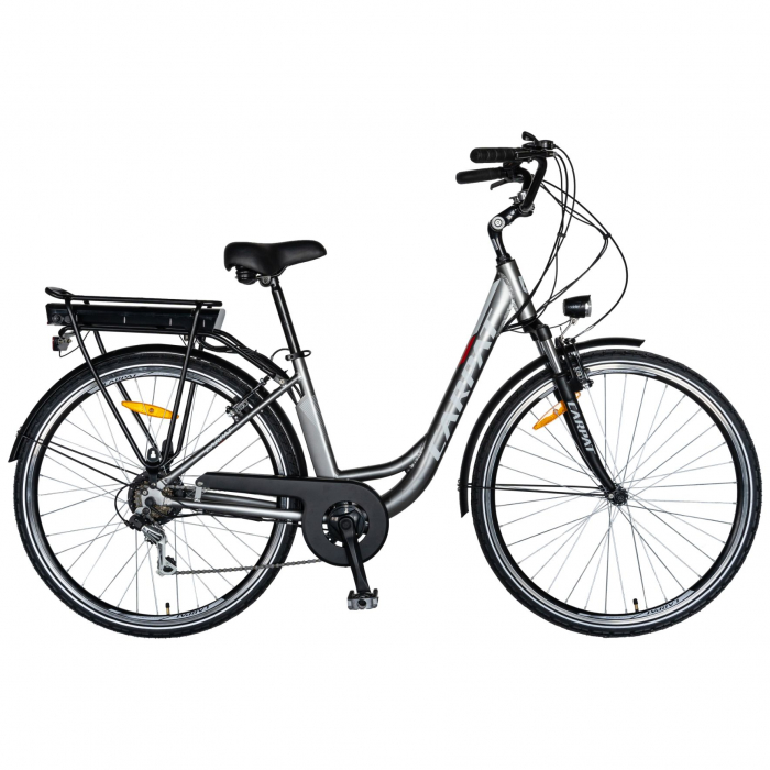 Bicicleta electrica City (E-BIKE) CARPAT C1010E, roata 28", cadru aluminiu, frane V-Brake, transmisie SHIMANO 7 viteze, culoare gri/alb [1]