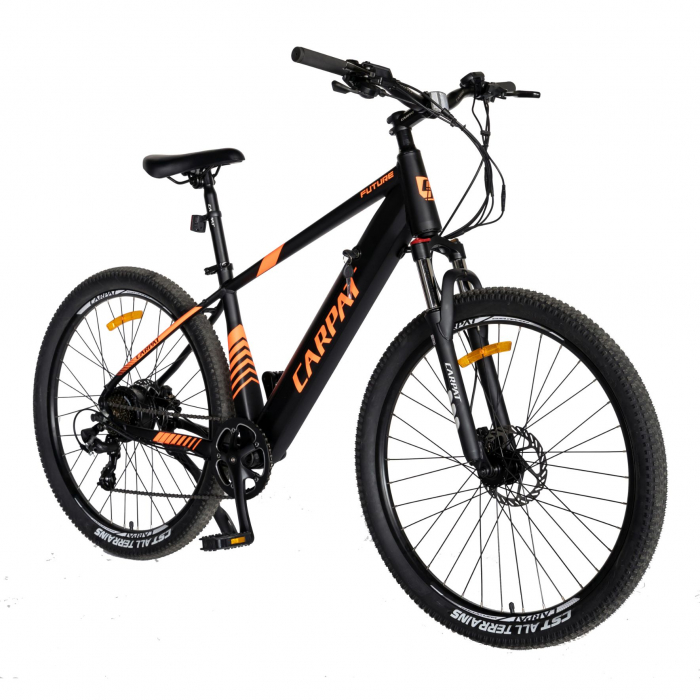 Bicicleta electrica MTB (E-BIKE) CARPAT 27.5" C1007E, cadru aluminiu, frane mecanice disc, echipare SHIMANO 21 viteze, culoare negru/portocaliu [2]