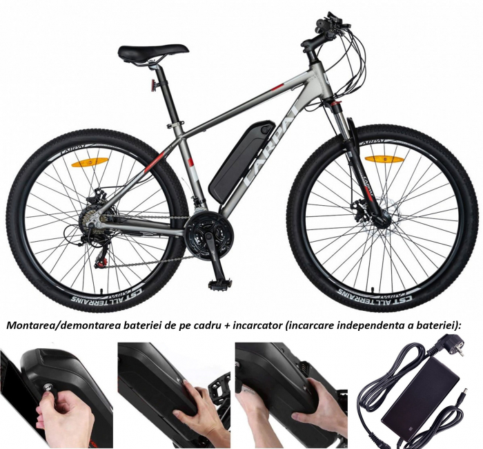 Bicicleta electrica MTB (E-BIKE) Carpat 29" C1012E, cadru aluminiu, frane mecanice disc, transmisie SHIMANO 21 viteze, culoare gri/alb [2]