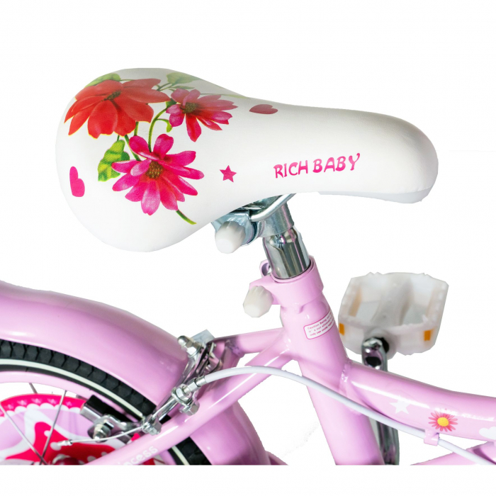 Bicicleta fete Rich Baby 2-4 Ani, Roti 12 Inch, Frane C-Brake, Roti Ajutatoare, Rich Baby CST12/01C, Cadru Roz cu Design Alb [2]