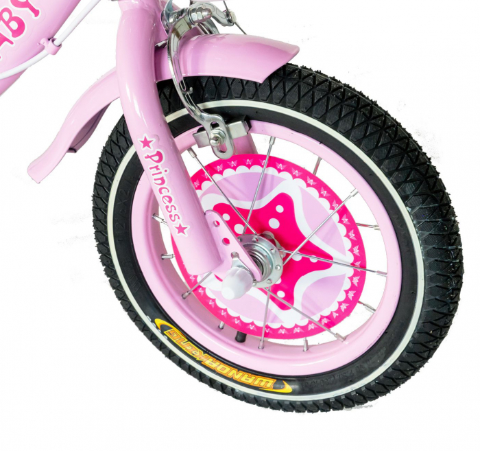 Bicicleta fete Rich Baby 2-4 Ani, Roti 12 Inch, Frane C-Brake, Roti Ajutatoare, Rich Baby CST12/01C, Cadru Roz cu Design Alb [6]