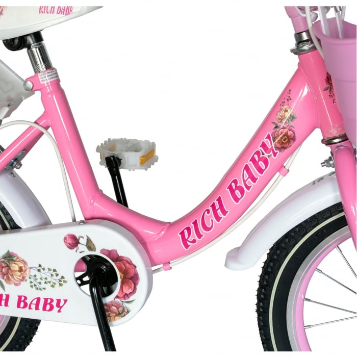 Bicicleta fete Rich Baby 2-4 Ani, Roti 12 Inch, Frane C-Brake, Roti Ajutatoare, Rich Baby CST12/05C, Cadru Roz cu Design Alb [4]
