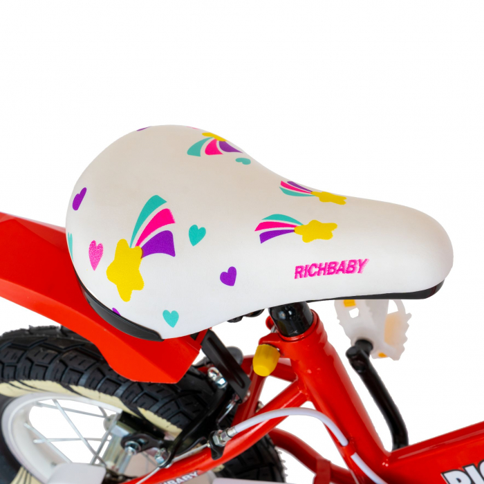 Bicicleta fete Rich Baby 3-5 Ani, Roti 14 Inch, Frane C-Brake, Roti Ajutatoare cu LED, Rich Baby CSR14/08A, Cadru Rosu cu Design Alb  [4]
