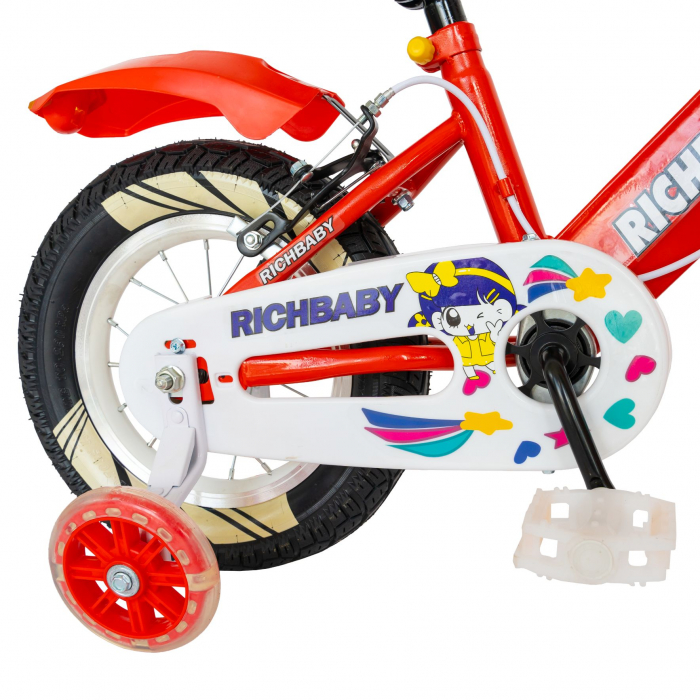 Bicicleta fete Rich Baby 3-5 Ani, Roti 14 Inch, Frane C-Brake, Roti Ajutatoare cu LED, Rich Baby CSR14/08A, Cadru Rosu cu Design Alb  [2]