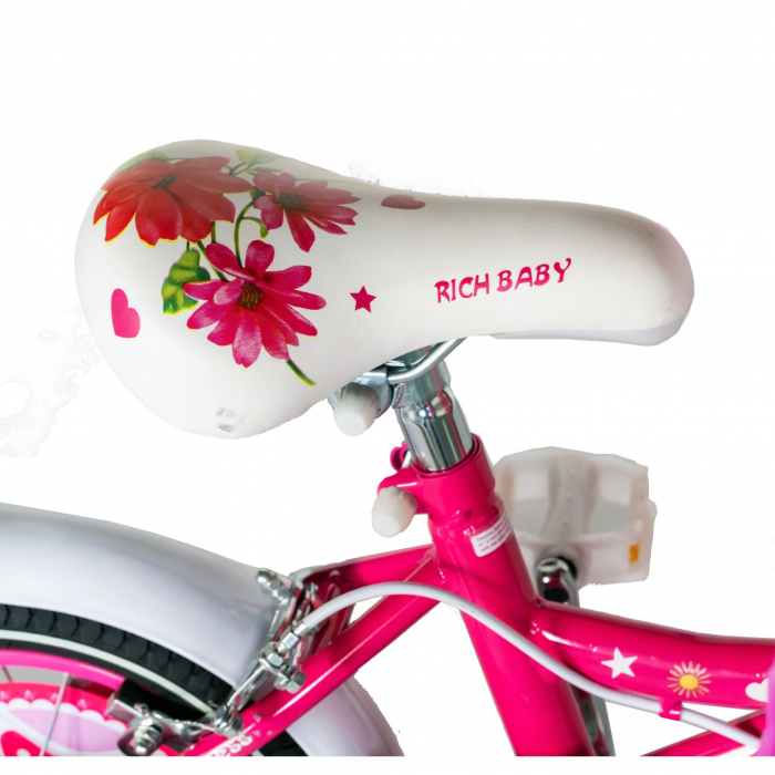 Bicicleta fete Rich Baby 4-6 Ani, Roti 16 Inch, Frane C-Brake, Roti Ajutatoare, Rich Baby CST16/01C, Cadru Fucsia cu Design Alb [2]
