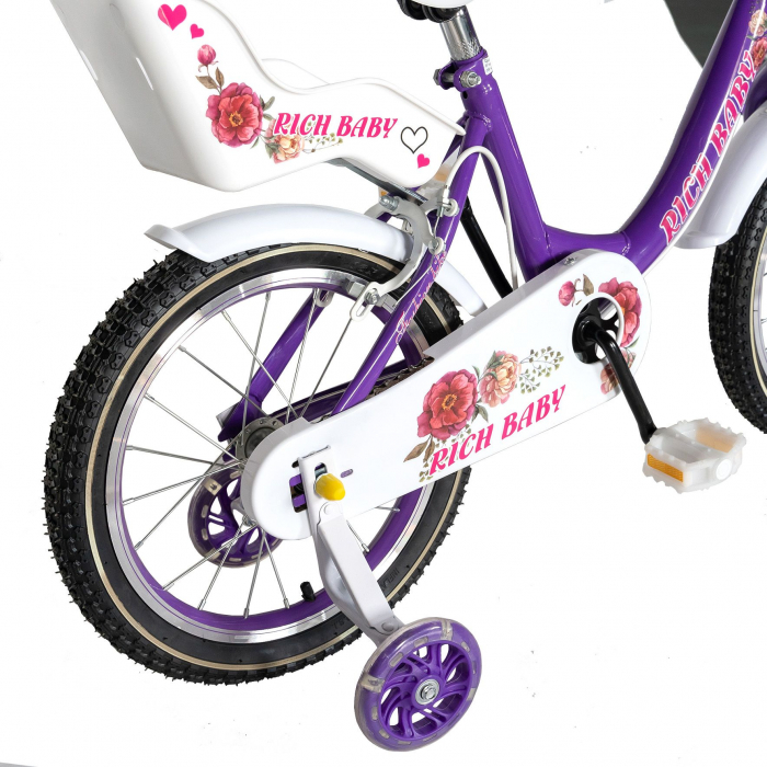 Bicicleta fete Rich Baby 4-6 Ani, Roti 16 Inch, Frane C-Brake, Roti Ajutatoare, Rich Baby CST16/05C Cadru Mov cu Design Alb [3]