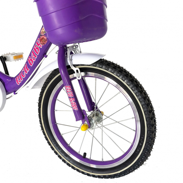 Bicicleta fete Rich Baby 4-6 Ani, Roti 16 Inch, Frane C-Brake, Roti Ajutatoare, Rich Baby CST16/05C Cadru Mov cu Design Alb [5]