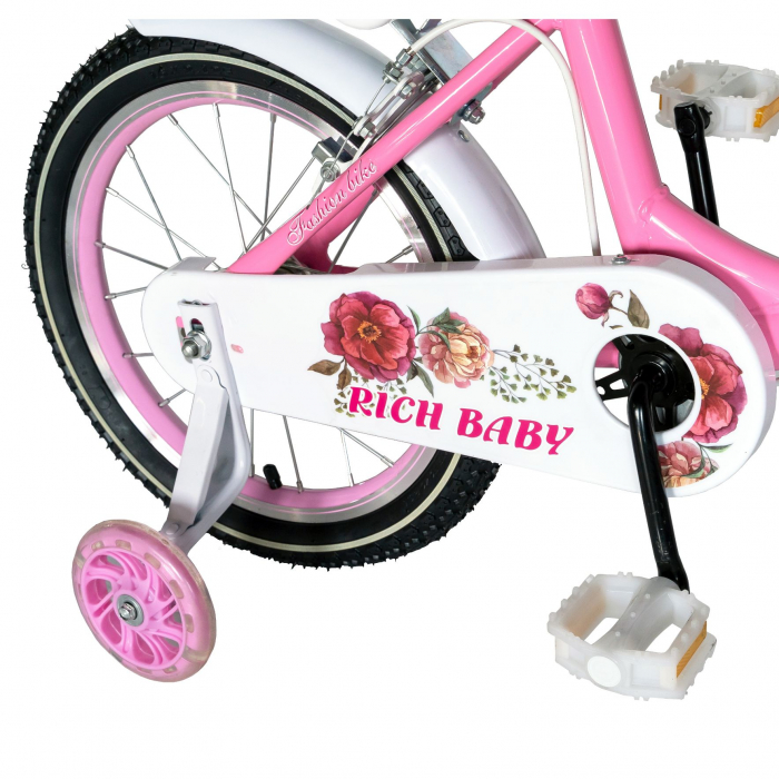 Bicicleta fete Rich Baby 4-6 Ani, Roti 16 Inch, Frane C-Brake, Roti Ajutatoare, Rich Baby CST16/05C Cadru Roz cu Design Alb [3]