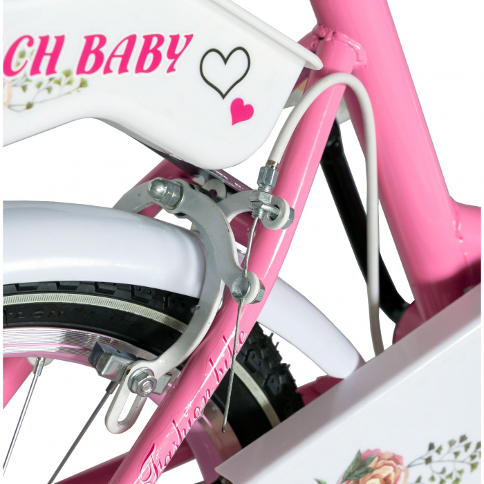Bicicleta fete Rich Baby 4-6 Ani, Roti 16 Inch, Frane C-Brake, Roti Ajutatoare, Rich Baby CST16/05C Cadru Roz cu Design Alb [4]