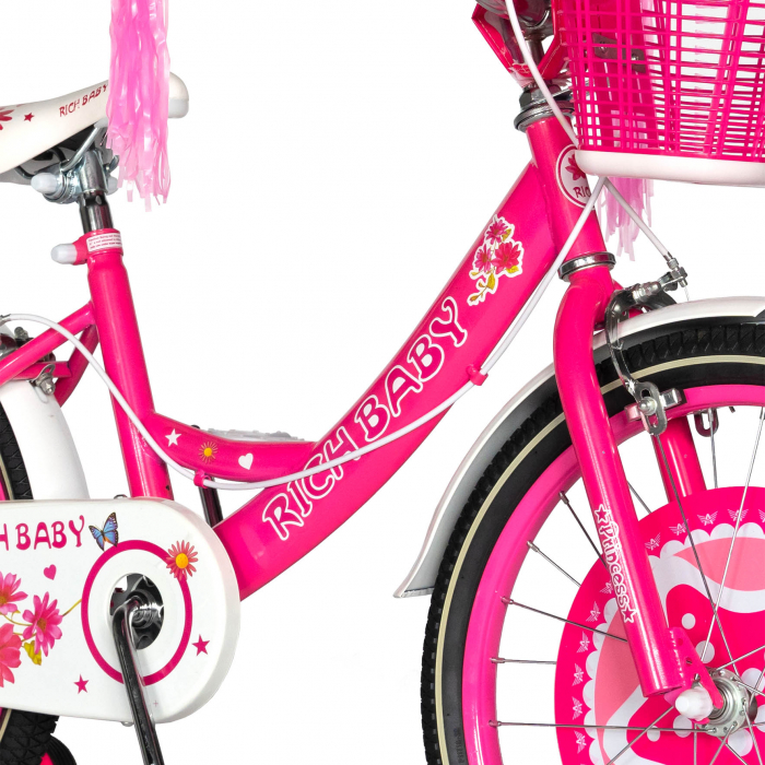 Bicicleta Fete Rich Baby 7-10 Ani, Roti 20 Inch, Frane C-Brake, Roti Ajutatoare, Rich Baby CST20/01C, Cadru Fucsia cu Design Alb [5]