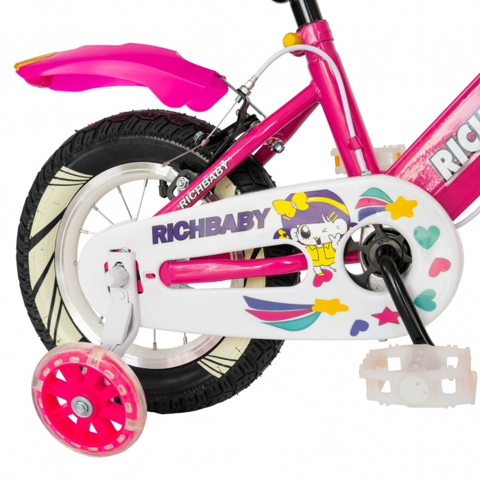 Bicicleta fete Rich Baby R1408A, roata 14", C-Brake, roti ajutatoare cu LED, 3-5 ani, fucsia/alb  [2]