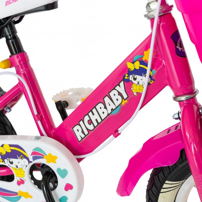 Bicicleta fete Rich Baby R1408A, roata 14", C-Brake, roti ajutatoare cu LED, 3-5 ani, fucsia/alb  [5]