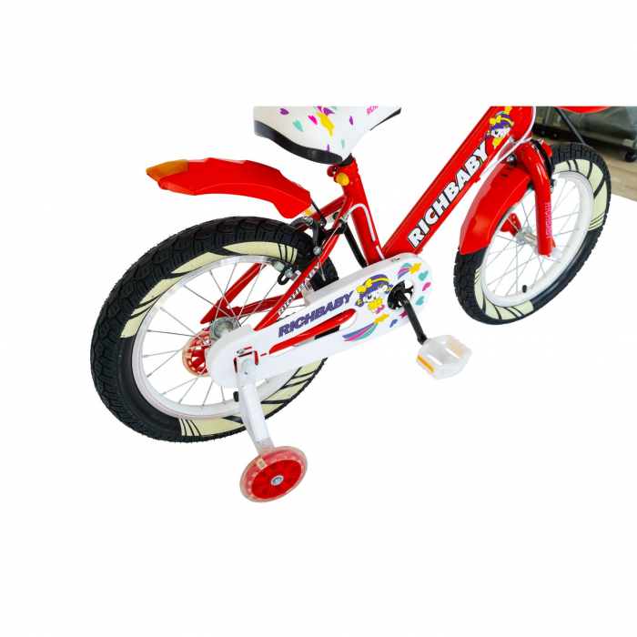 Bicicleta fete Rich Baby R1808A, roata 18", C-Brake otel, roti ajutatoare cu LED, 5-7 ani, rosu/alb [5]