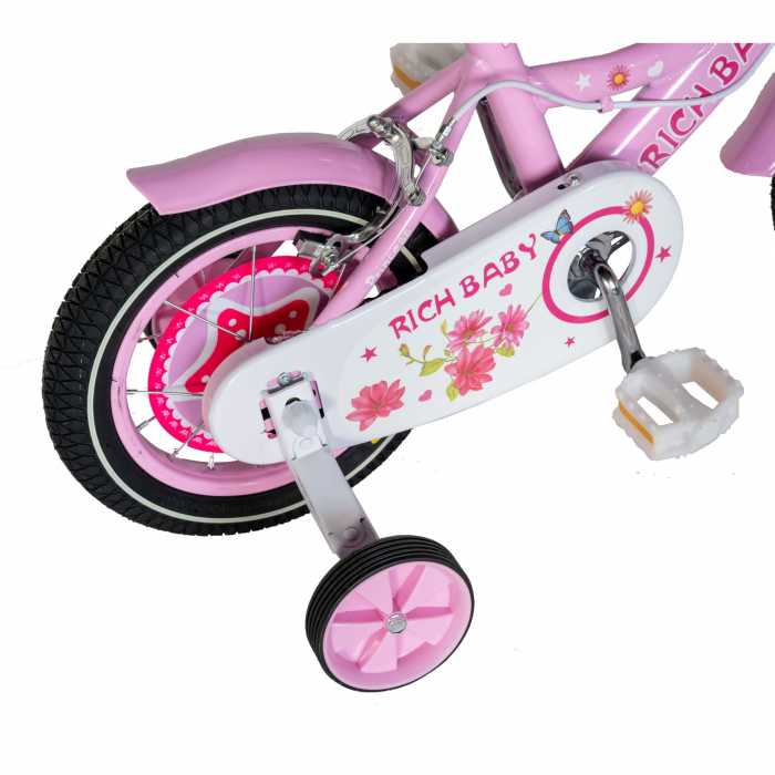 Bicicleta fete Rich Baby T1201C, roata 12", C-Brake,  roti ajutatoare, 2-4 ani, roz/alb [4]