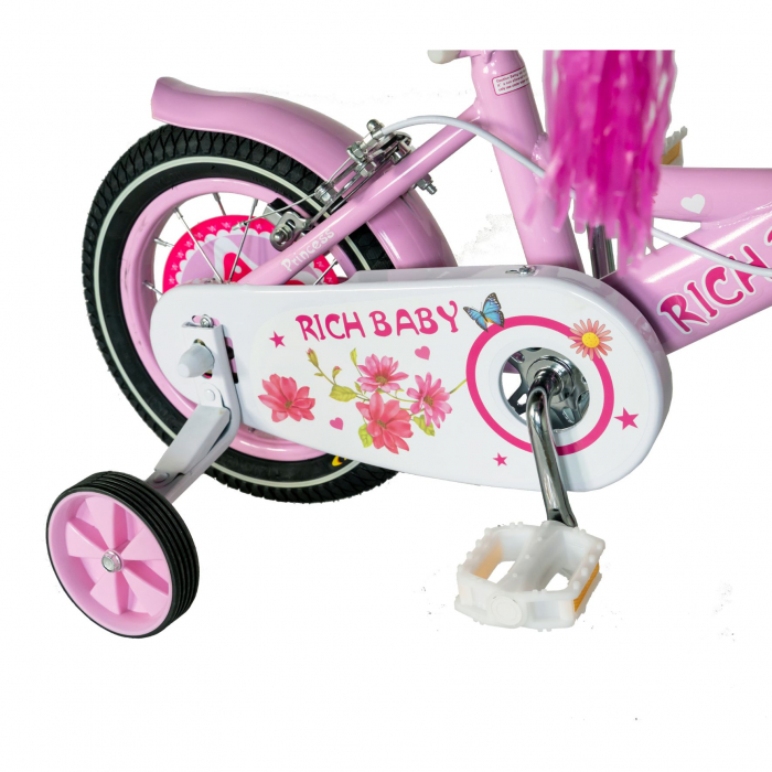 Bicicleta fete Rich Baby T1201C, roata 12", C-Brake,  roti ajutatoare, 2-4 ani, roz/alb [5]
