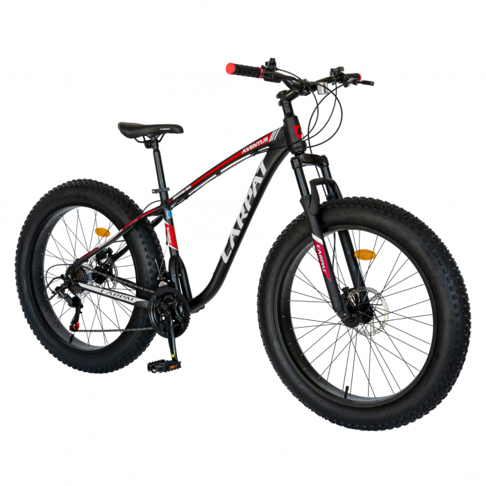 Bicicleta MTB-Fat Bike Carpat, Shimano SL-TX30 21 Viteze, Cadru Aluminiu 6061, Roti 26 Inch, Frane Hidraulice Disc, Carpat Aventus CSC26/00H, Negru cu Design Gri/Rosu [2]
