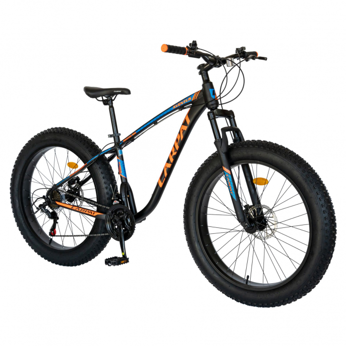 Bicicleta MTB-Fat Bike Carpat, Shimano SL-TX30 21 Viteze, Cadru Aluminiu 6061, Roti 26 Inch, Frane Hidraulice Disc, Carpat Aventus CSC26/00H, Negru cu Design Portocaliu/Albastru [2]