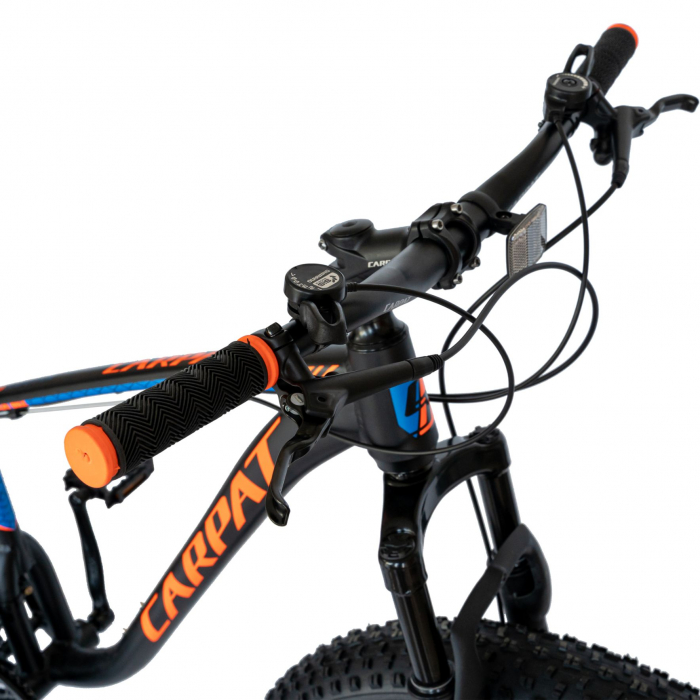Bicicleta MTB-Fat Bike Carpat, Shimano SL-TX30 21 Viteze, Cadru Aluminiu 6061, Roti 26 Inch, Frane Hidraulice Disc, Carpat Aventus CSC26/00H, Negru cu Design Portocaliu/Albastru [3]