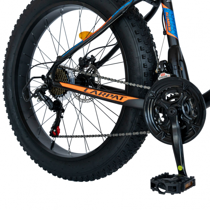 Bicicleta MTB-Fat Bike Carpat, Shimano SL-TX30 21 Viteze, Cadru Aluminiu 6061, Roti 26 Inch, Frane Hidraulice Disc, Carpat Aventus CSC26/00H, Negru cu Design Portocaliu/Albastru [5]