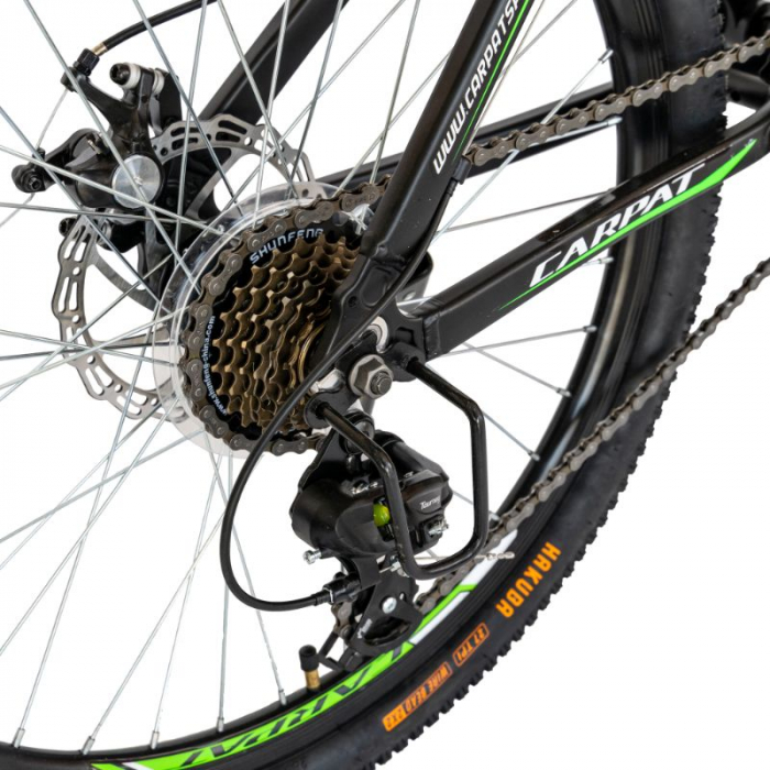 Bicicleta MTB-HT Carpat, Shimano Tourney TY-300, 21 Viteze, Cadru Aluminiu, Roti 24 Inch, Frane pe Disc, Carpat CSC24/99A, culoare Negru cu Design Verde [4]