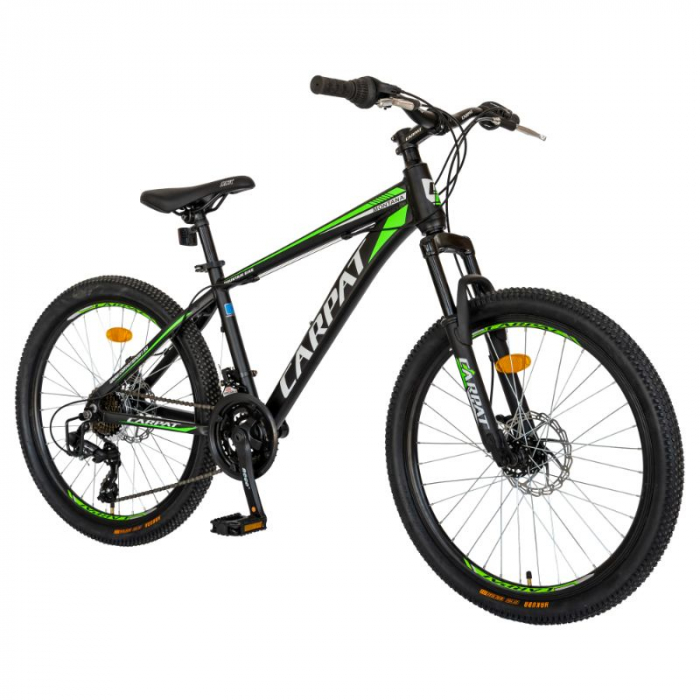 Bicicleta MTB-HT Carpat, Shimano Tourney TY-300, 21 Viteze, Cadru Aluminiu, Roti 24 Inch, Frane pe Disc, Carpat CSC24/99A, culoare Negru cu Design Verde [2]