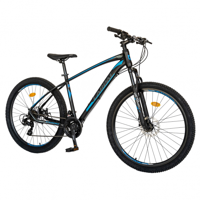 Bicicleta MTB-HT Carpat, Shimano Tourney TY-300, 21 Viteze, Cadru Aluminiu, Roti 27.5 Inch, Frane pe Disc,Carpat CSC27/57C, Negru cu Design Albastru [2]