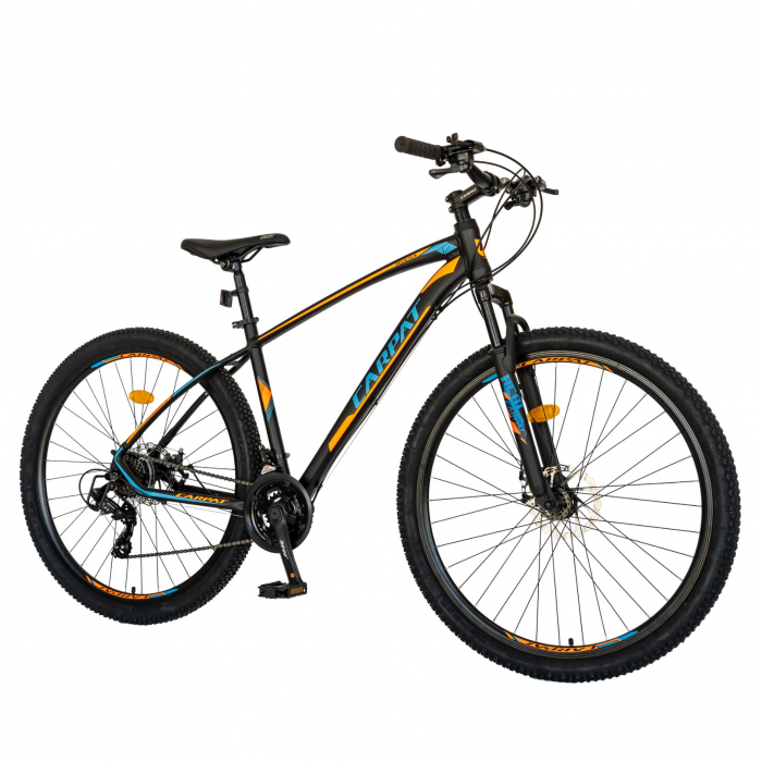 Bicicleta MTB-HT Carpat, Shimano Tourney TY-300, 21 Viteze, Cadru Aluminiu, Roti 29 Inch, Frane pe Disc,Carpat CSC29/57C, Negru cu Design Portocaliu [2]
