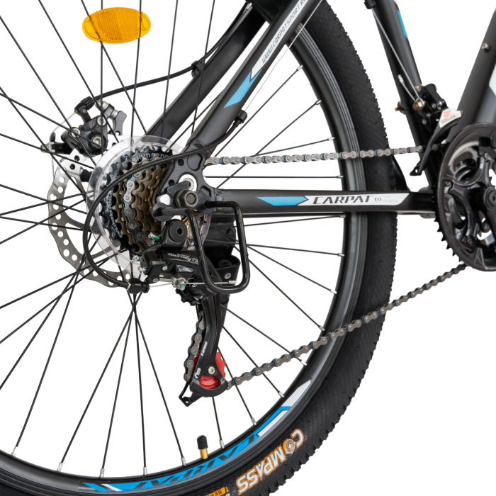 Bicicleta MTB-HT Carpat, Shimano Tourney TZ500D, 21 viteze, Roti 26 Inch, Cadru Aluminiu 6061, Frane pe Disc, Carpat CSC26/58C, Negru cu Design Albastru/Alb [7]
