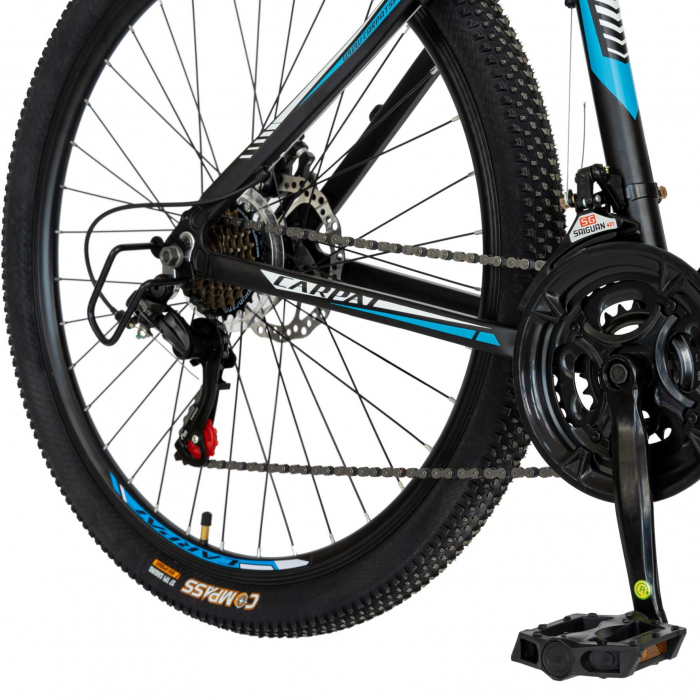 Bicicleta MTB-HT Carpat, Shimano Tourney TZ500D, 21 viteze, Roti 27.5 Inch, Cadru Aluminiu 6061, Frane pe Disc, Carpat CSC27/58C, Negru cu Design Alb/Albastru  [7]