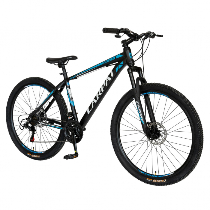 Bicicleta MTB-HT Carpat, Shimano Tourney TZ500D, 21 viteze, Roti 27.5 Inch, Cadru Aluminiu 6061, Frane pe Disc, Carpat CSC27/58C, Negru cu Design Alb/Albastru  [2]