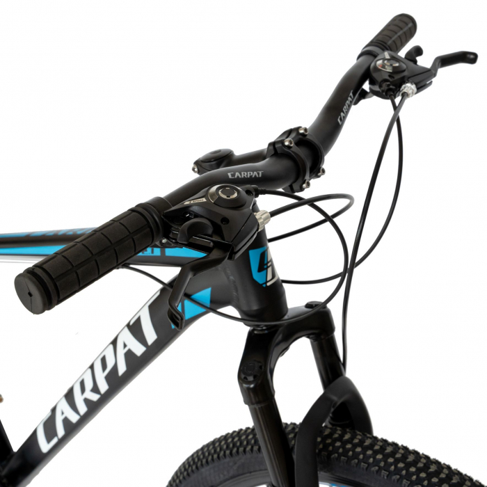 Bicicleta MTB-HT Carpat, Shimano Tourney TZ500D, 21 viteze, Roti 27.5 Inch, Cadru Aluminiu 6061, Frane pe Disc, Carpat CSC27/58C, Negru cu Design Alb/Albastru  [3]