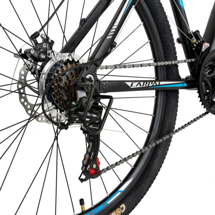 Bicicleta MTB-HT Carpat, Shimano Tourney TZ500D, 21 viteze, Roti 27.5 Inch, Cadru Aluminiu 6061, Frane pe Disc, Carpat CSC27/58C, Negru cu Design Alb/Albastru  [8]