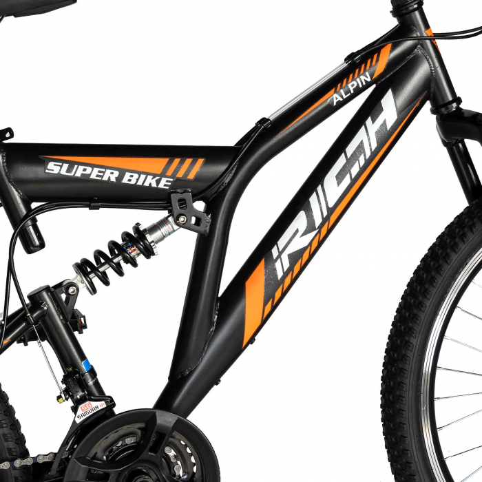 Bicicleta munte, dubla suspensie, RICH R2449A, roata 24", frana V-Brake, 18 viteze, negru/portocaliu [7]