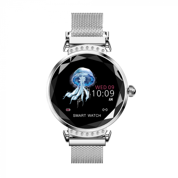 Ceas Smartwatch fitness fashion H2 cu functie de monitorizare ritm cardiac, Notificari, Pedometru, Bluetooth, Metal, Argintiu [1]