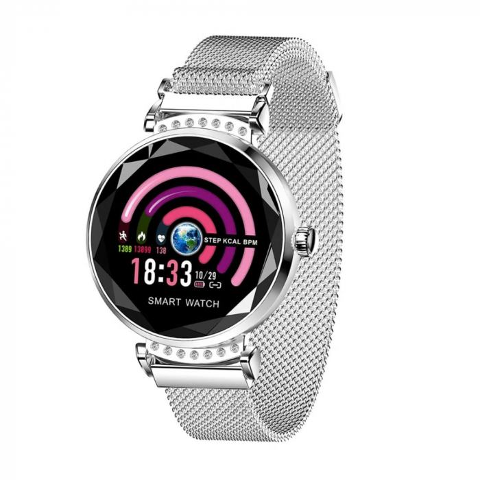 Ceas Smartwatch fitness fashion H2 cu functie de monitorizare ritm cardiac, Notificari, Pedometru, Bluetooth, Metal, Argintiu [2]