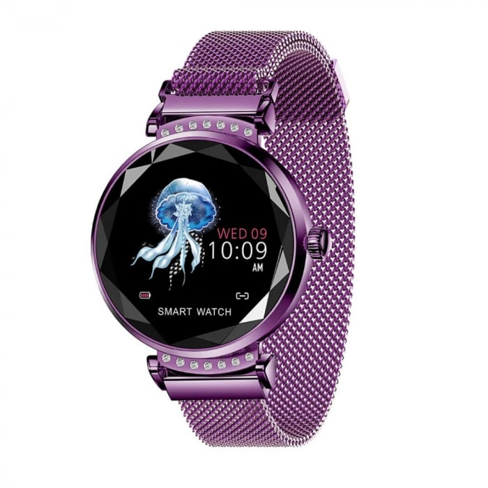 Ceas Smartwatch fitness fashion H2 cu functie de monitorizare ritm cardiac, Notificari, Pedometru, Bluetooth, Metal, Mov [2]